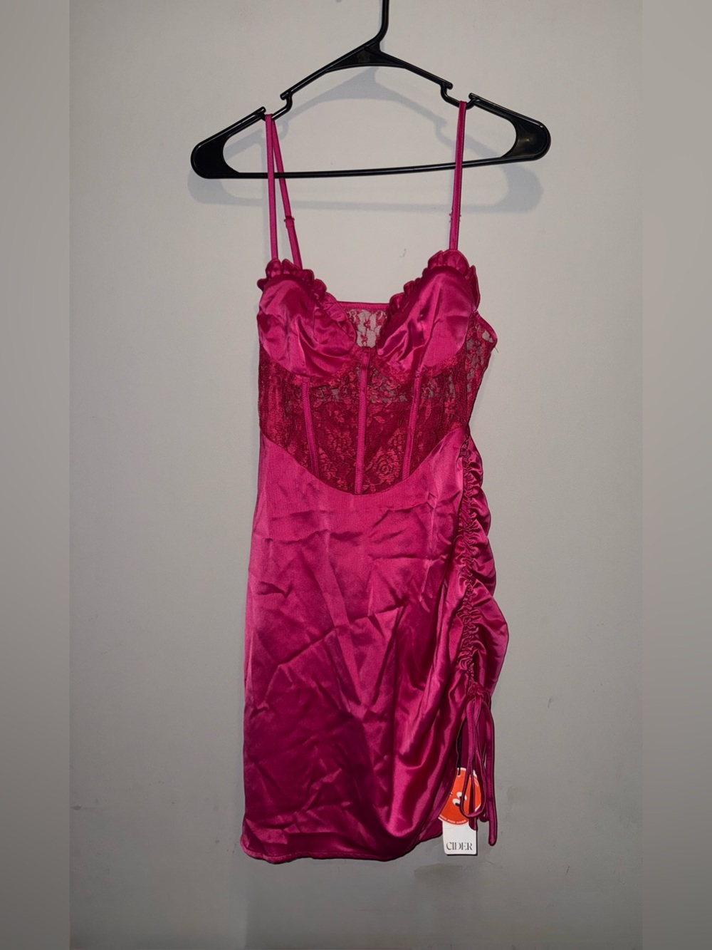 Cider Hot Pink Satin & Lace Slip Dress with Ruched Side